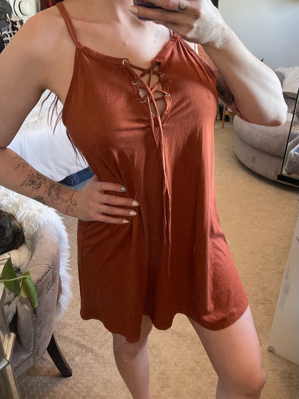 Tres Bien Lace-Up Rust Faux Suede Sleeveless Shift Dress - L
